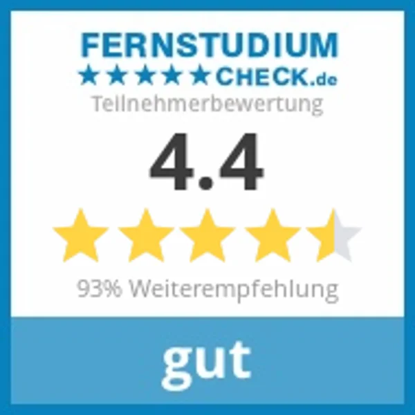 Fernstudiumcheck.de Teilnehmerbewertung 4,4 von 5 – 93 % Weiterempfehlung – gut